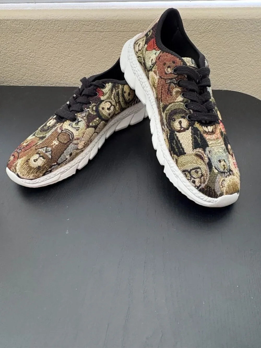 Women’s EU 41 Tapestry Woven Sneakers Fashion Print Bear Rose Gold Chunky Sole